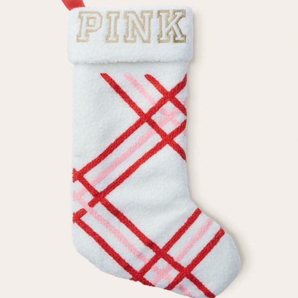 Victoria Secret VS PINK Holiday Christmas Stocking White Red Plaid Striped NWT - Picture 1 of 9
